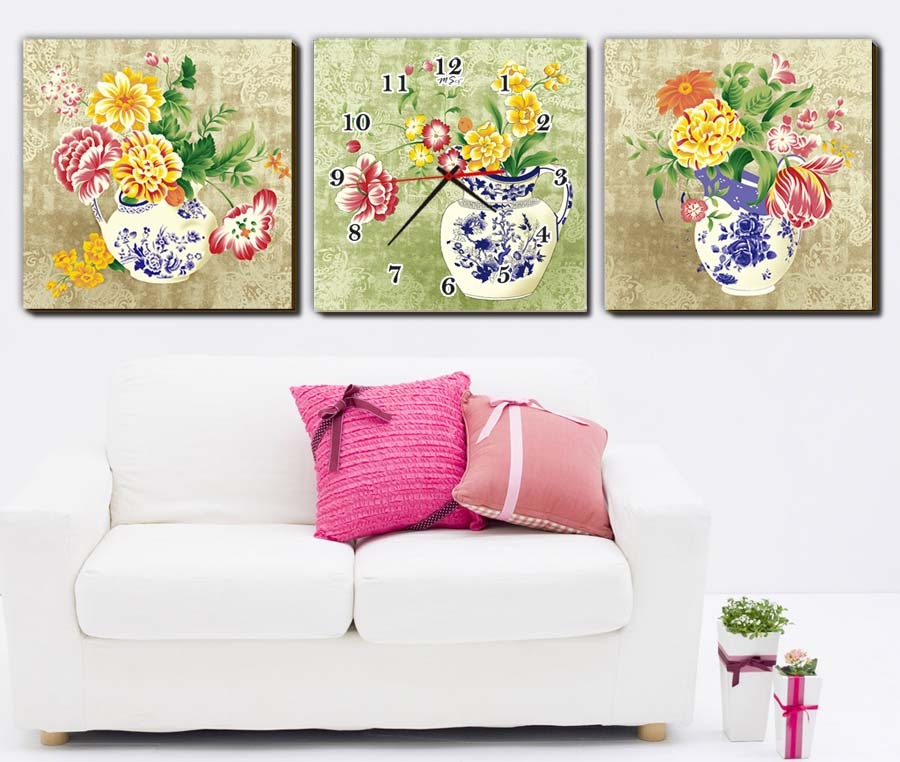 无框画钟 客厅现代装饰画壁画 静音三联 花卉绘画三件套 来图定做