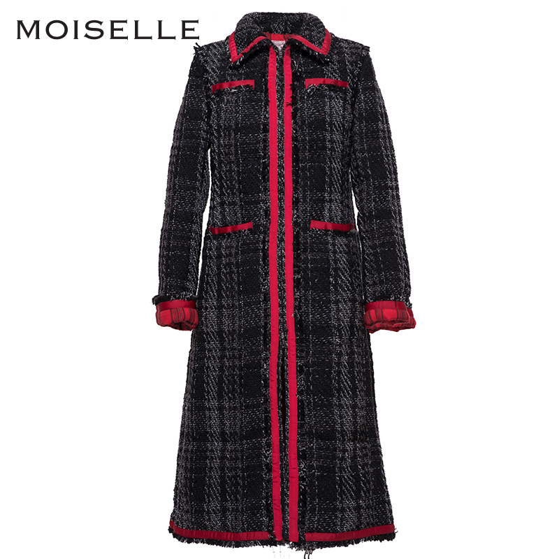 MOISELLE/慕诗2017新款撞色提花修身中长款羽绒服大衣女5AX64J