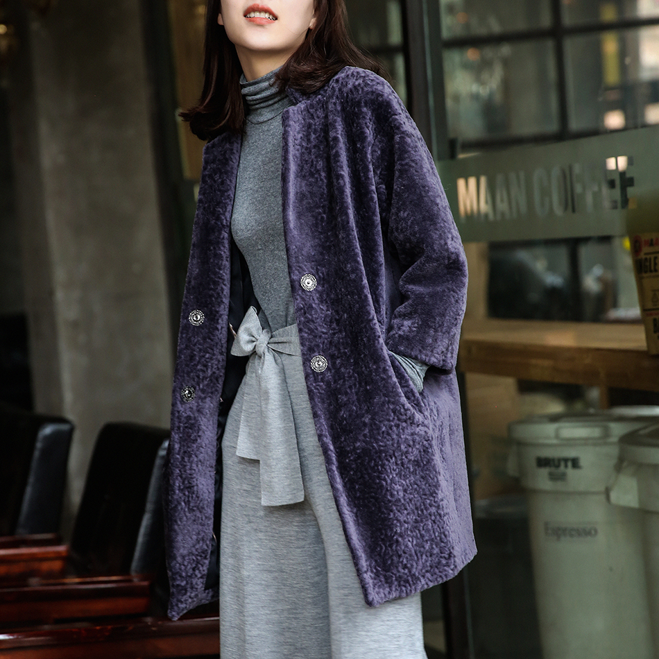 快乐家 新型编织天然羊毛 立领廓形短皮草外套 女 蓝紫/焦糖M-3XL
