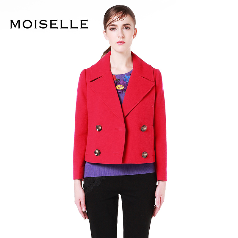 MOISELLE/慕诗新款纯色双排扣西装领短款收腰羊毛修身女装外套