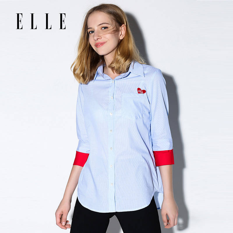 ELLE女装 2017夏季新款时尚撞色显瘦七分袖纯棉蓝白条纹衬衫女