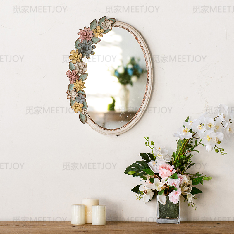 JZ015 法式田园美式复古做旧铁艺花朵装饰镜子卫生间浴室化妆镜子