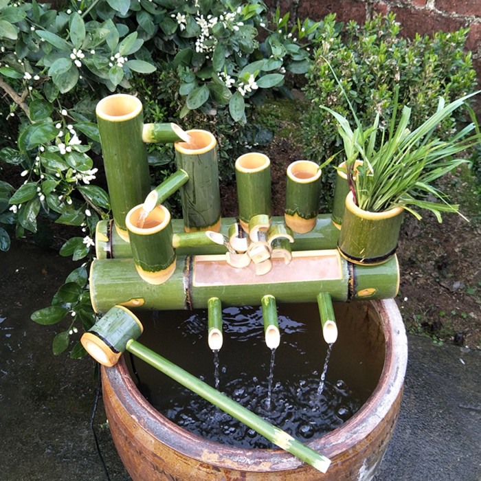 竹筒流水器竹子自制鱼缸石槽流水摆件循环增氧过滤器田园特价包邮