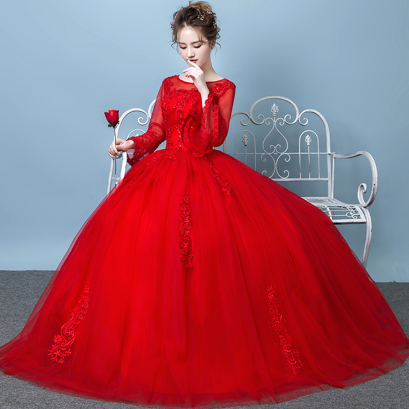 红色婚纱礼服2017新款新娘结婚韩版长袖公主简约齐地大码显瘦冬季