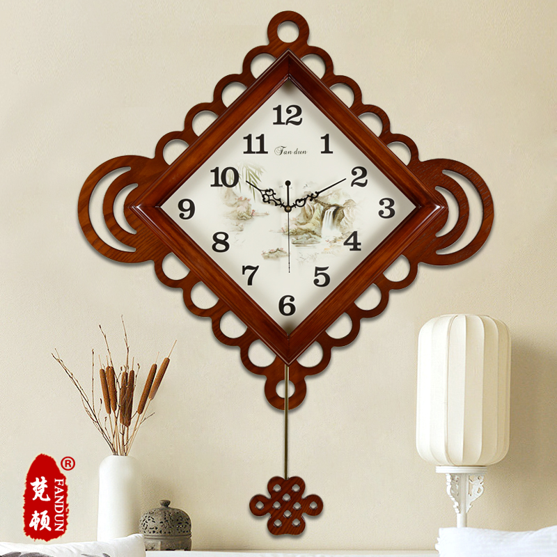 中式挂钟客厅中国风复古木制钟表创意中国结艺术装饰时钟卧室表大