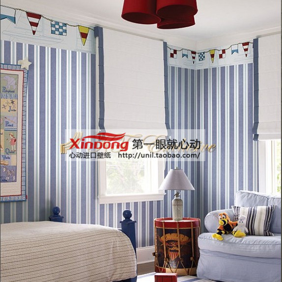美国进口Wallquest墙纸壁纸 儿童卧室 竖条纹地中海风格 蓝色简约