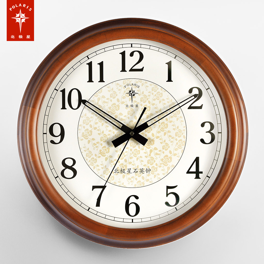 北极星欧式挂钟实木圆形钟表客厅静音中式时钟创意美式家用石英钟