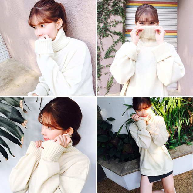 冬季新款复古高领慵懒风纯色打底针织衫韩国长袖套头毛衣女学生装