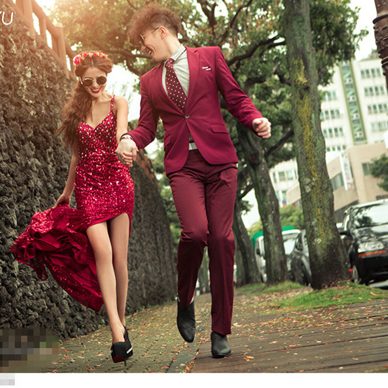 2017新款影楼主题服装红色吊带性感V领修身开衩拖尾婚纱晚礼服