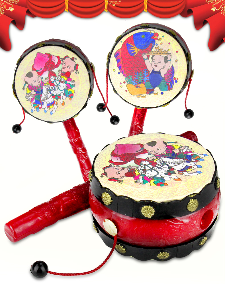 传统中国风拨浪鼓手拍鼓手摇铃 宝宝幼儿园互动游戏吉祥铃鼓套装