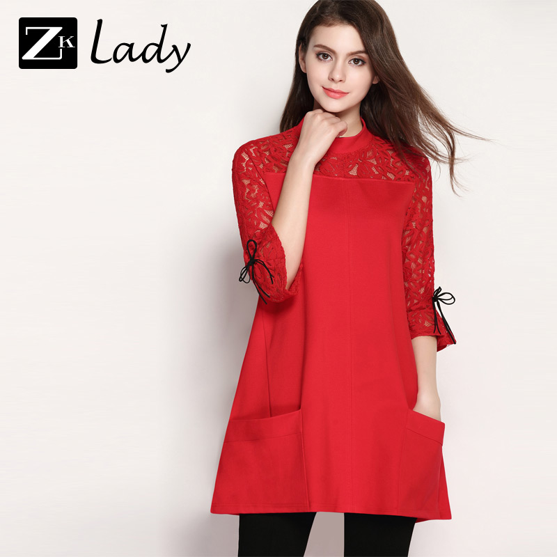 ZK Lady红色蕾丝拼接连衣裙2018春装新款半高领显瘦七分袖A字裙