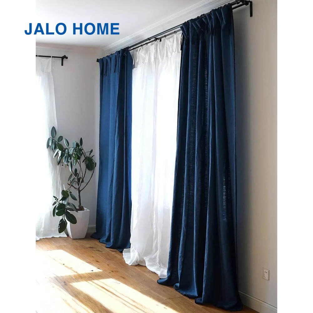 伽罗生活 JALO 厚亚麻窗帘 100%进口雨露麻蓝色原麻色遮光窗帘