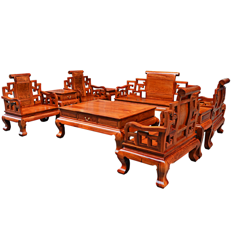 正宗缅甸花梨山水素面十件套富贵雕刻正品客厅红木沙发家具特价