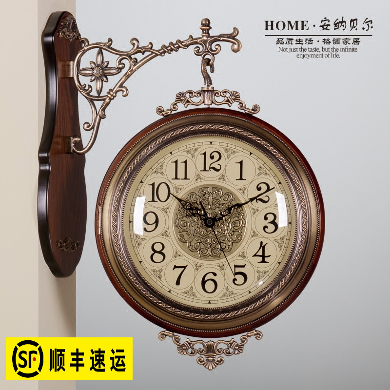 美式实木金属双面挂钟静音欧式客厅两面挂表创意时钟复古钟表大号