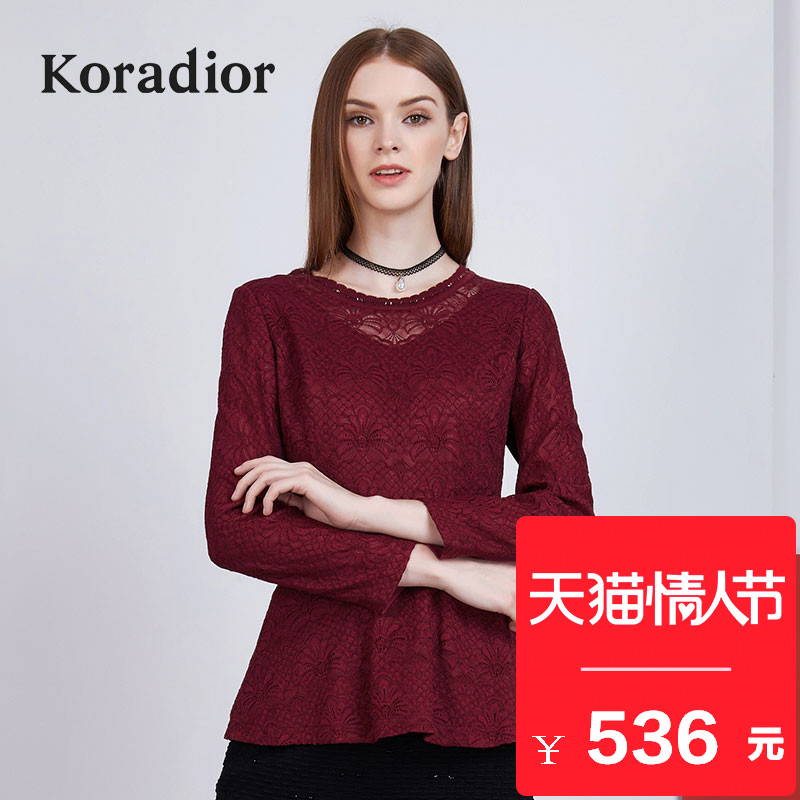 Koradior/珂莱蒂尔2018正品新款春装红色长袖蕾丝衫修身上衣韩版