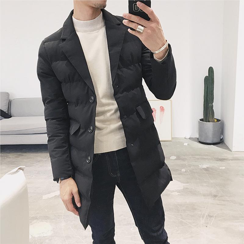 2017冬季韩版修身潮流男士中长款棉服保暖西装领个性时尚棉衣外套