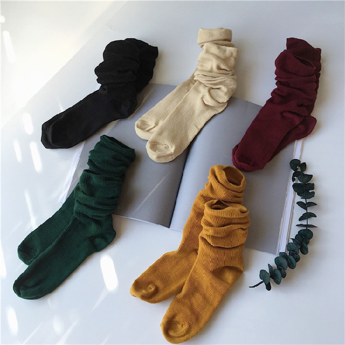韩国复古chic风秋冬纯色百搭简约中筒袜学生坑条堆堆袜情侣袜子潮