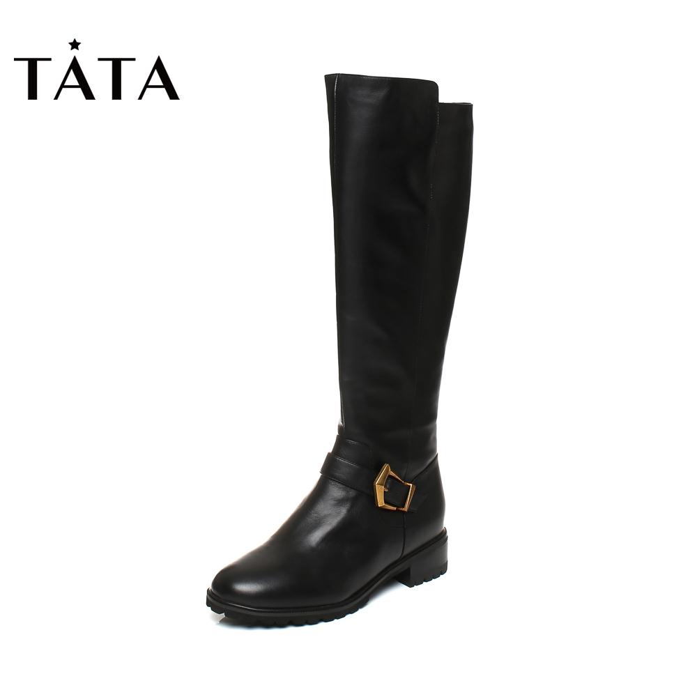 Tata/他她2017冬专柜同款黑色牛皮饰扣通勤女长靴2L080DG7