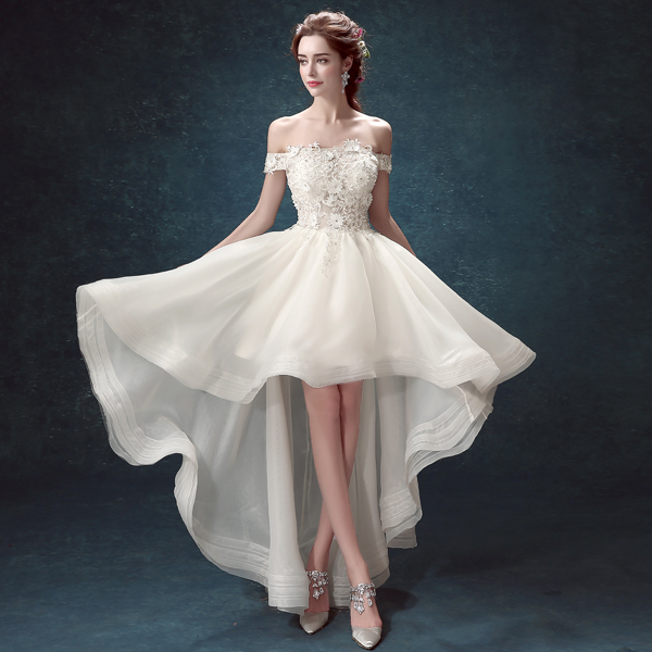 法国蕾丝修身一字肩公主新娘前短后长拖尾婚纱礼服2018新款3196