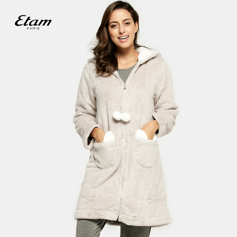法国ETAM艾格内衣冬季浅驼色温柔触感纯色舒适可爱睡袍