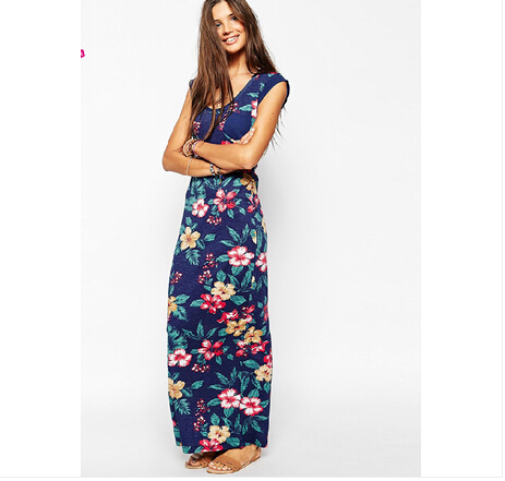 ebay热带植物印花贴布口袋连衣裙