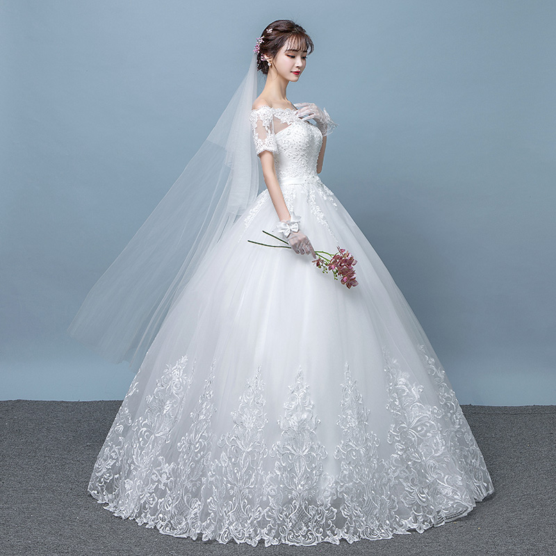 婚纱礼服2017新款韩式新娘一字肩欧美长袖大码显瘦齐地公主冬季女