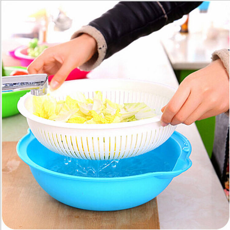 创意优质炫彩塑料圆形双层沥水篮 厨房洗菜篮水果盘蔬菜筐T