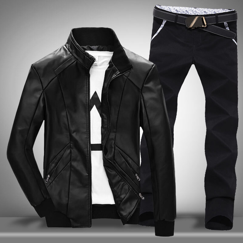【3件套】【上衣+裤子+腰带】男士修身立领PU皮衣+休闲裤套装 黑