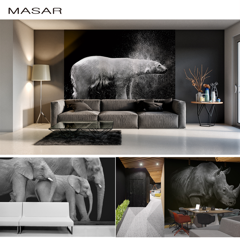 MASAR玛撒-1㎡定制壁画大象犀牛北极熊动物图案黑色背景墙壁画
