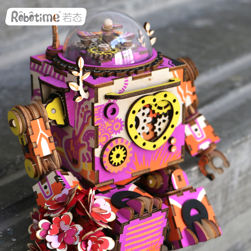 若态若来木制3D立体拼图机器人八音盒音乐盒创意摆件节日礼物玩具