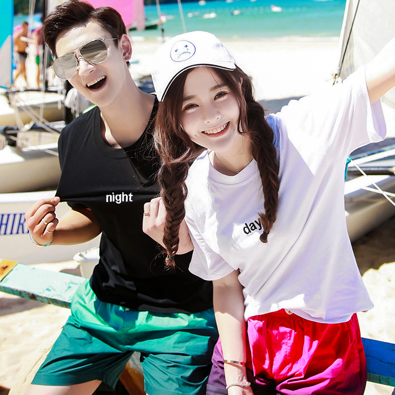 情侣装沙滩套装女海边度假韩国显瘦大码t恤保守婚纱照巴厘岛2件装