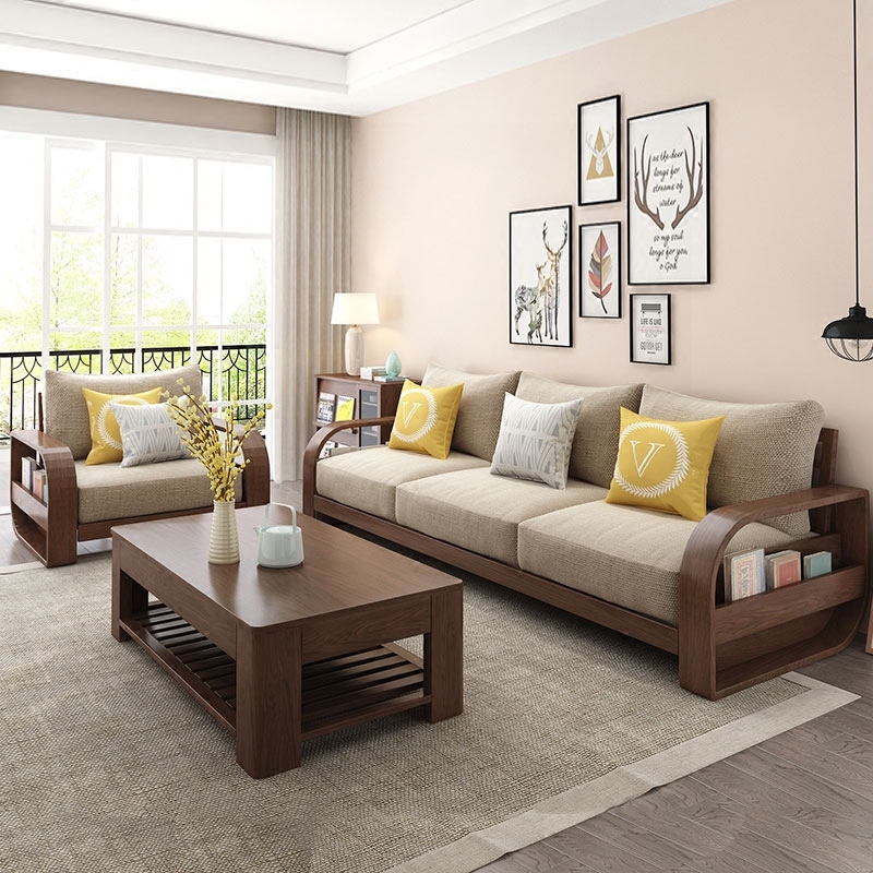 华纳斯 实木沙发 美式简约胡桃色三人位实木布艺沙发组合客厅家具