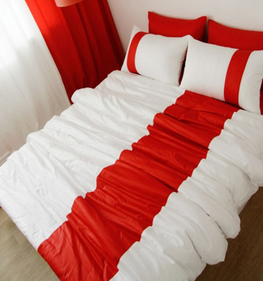 韩式风大红色白色拼接婚庆床上用品纯棉床裙款四件套其它色可定做