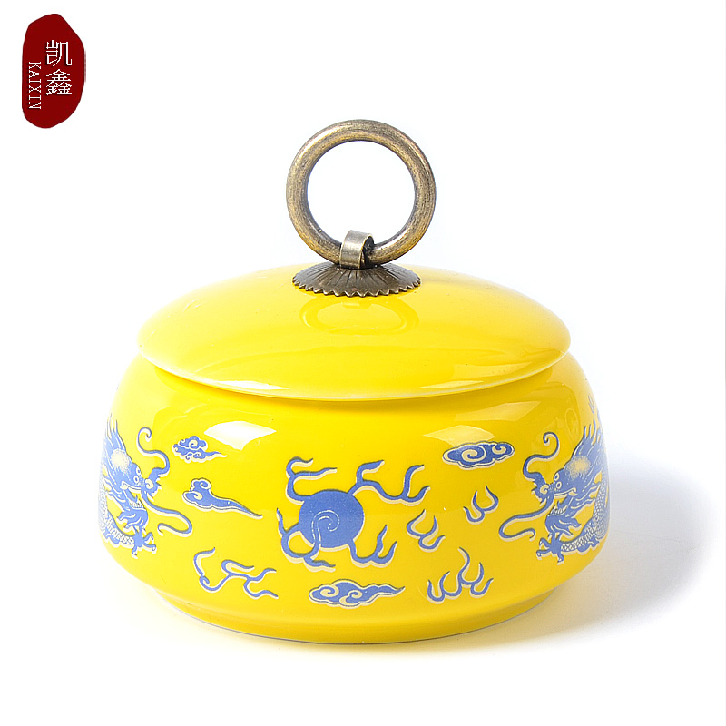 陶瓷茶叶罐小号黄色双龙红茶普洱茶叶盒密封糖果储物罐紫砂缸包邮