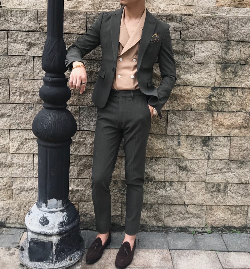 2017秋冬韩国复古条纹一粒扣修身西装套装男士时尚绅士西服两件套