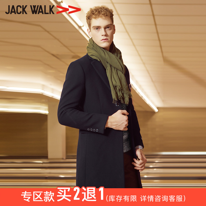JACK WALK冬季2017新品 青年修身中长款大衣 男休闲大方梭织大衣