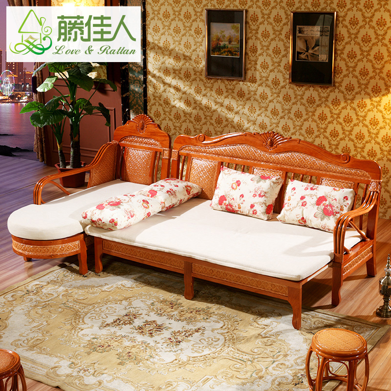 印尼藤编制藤沙发床可折叠客厅双人小户型藤木推拉沙发床藤沙发TD