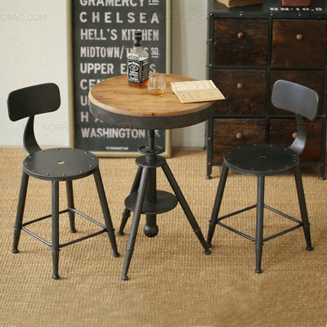 美式做旧咖啡桌椅圆桌实木可升降茶几休闲桌椅户外铁艺家具套件