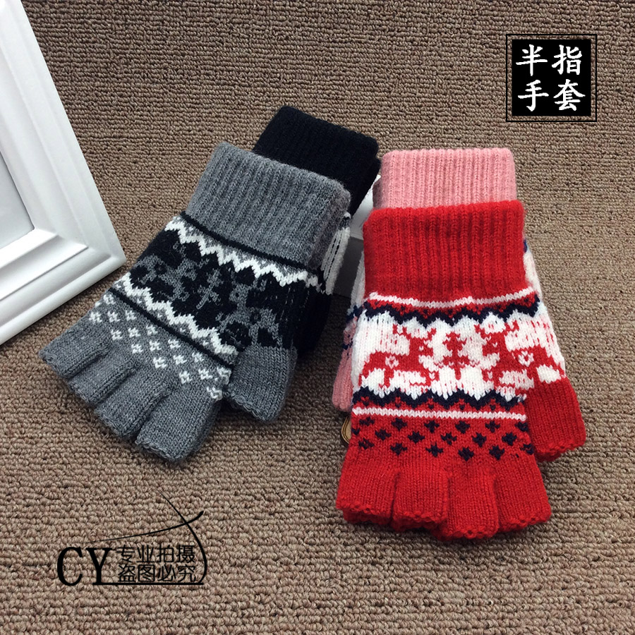 韩版秋冬季针织毛线手袜男女士半指手套学生露指黑色保暖分指手套