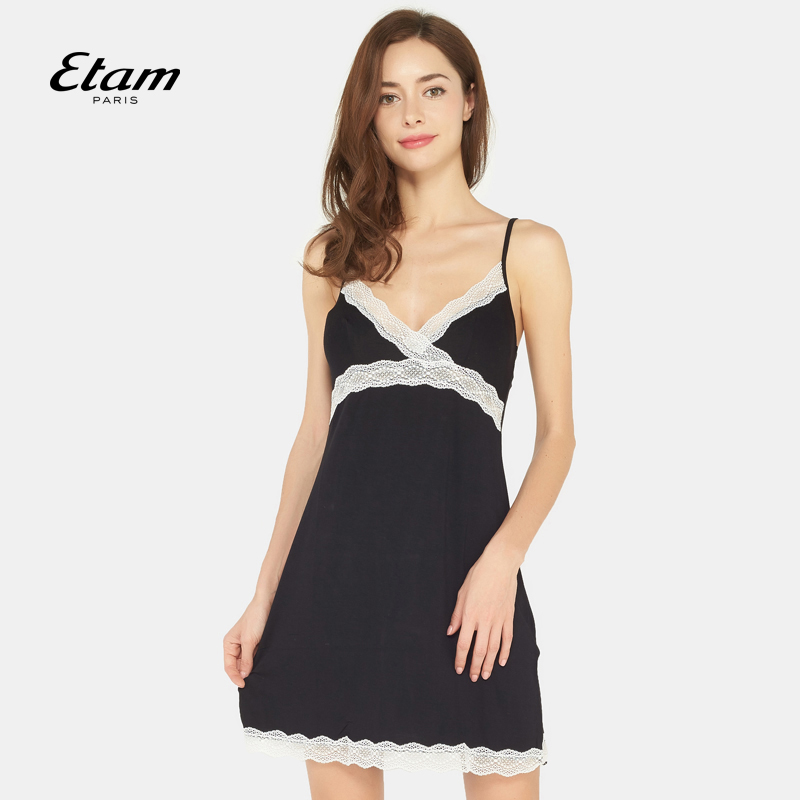 法国ETAM艾格内衣秋季黑色可爱纯色蕾丝拼接睡裙17078007395
