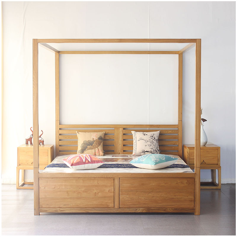 新中式实木架子床明清古典卧室装饰帷幔床主题婚床榆木四柱床大床