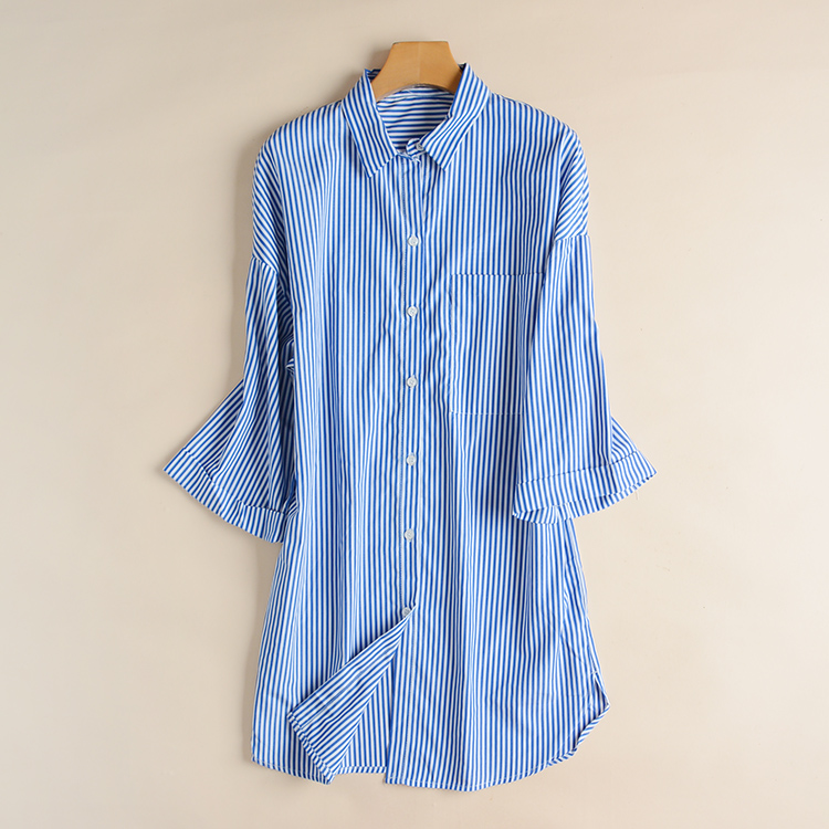 韩版宽松蓝白条纹衬衫防晒衣女2017夏季新款中长款开衫外套V35