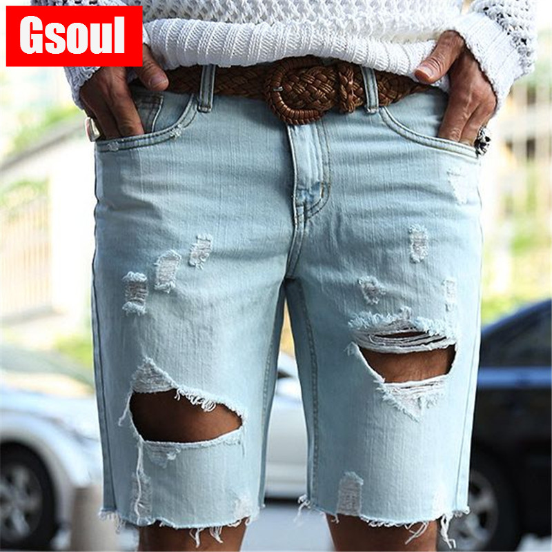 GSOUL夏季新款时尚个性潮流韩版清爽磨须破洞做旧牛仔短裤男现货
