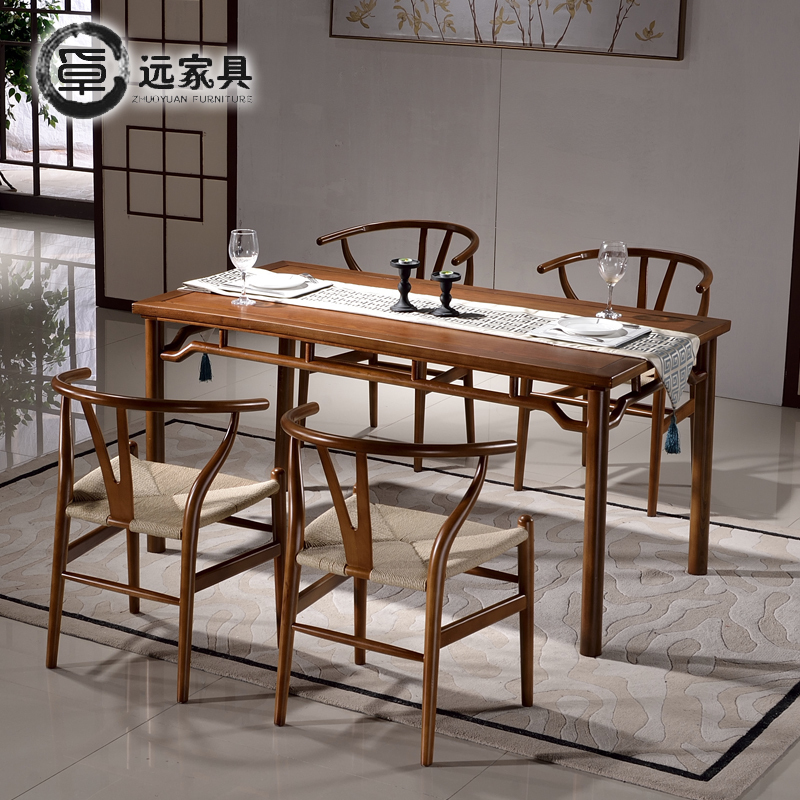 新中式餐桌椅组合6人长方形饭桌 简约全实木禅意样板房家具定制