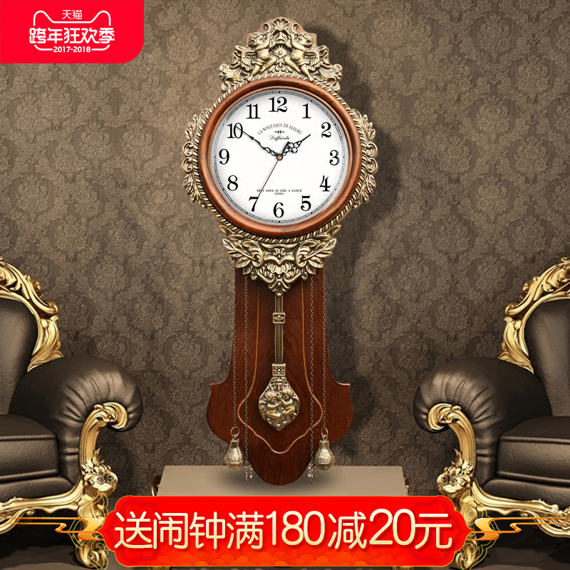 欧式挂钟客厅豪华钟表实木静音镀铜丽声机芯石英钟复古大号挂表