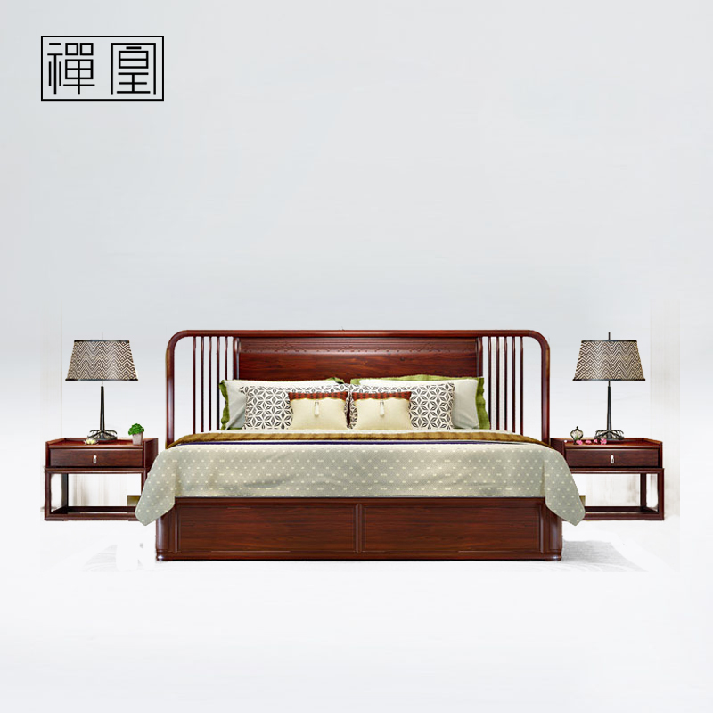 禅凰纯实木床中式1.8m双人床简约现代大床黑胡桃木床卧室家具CH4