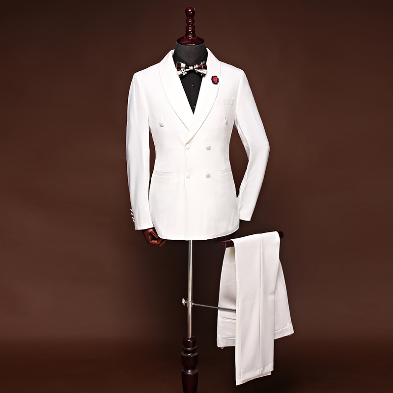 西服套装男士三件套白色韩版修身小西装职业正装伴郎新郎结婚礼服