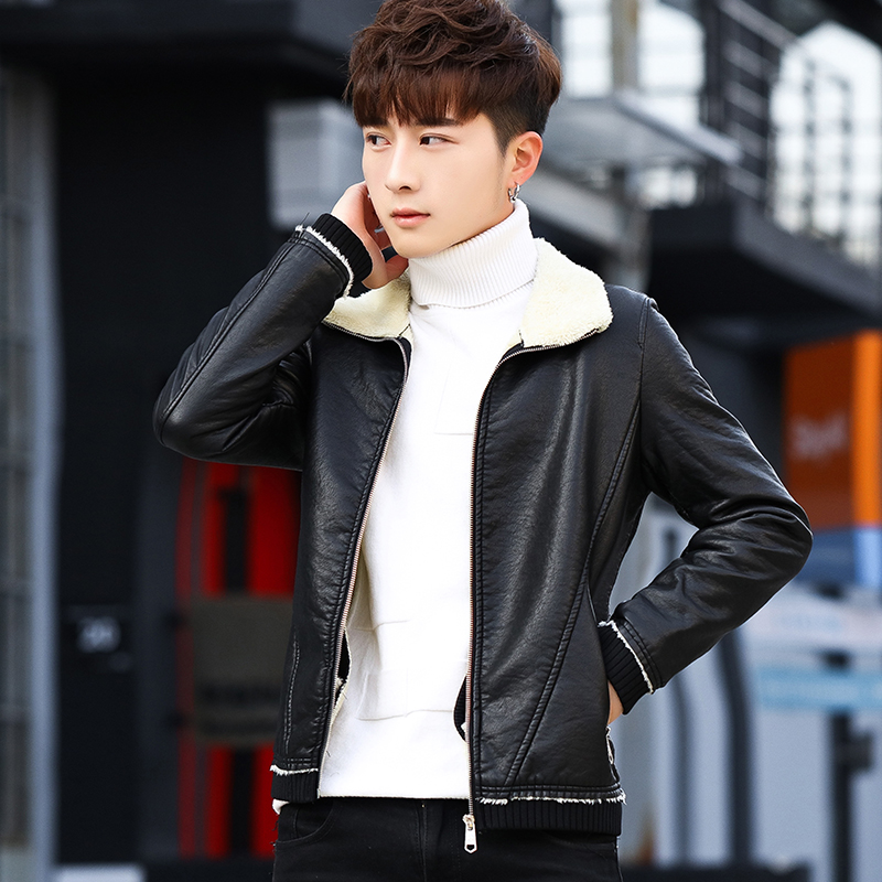 2017新款男士皮衣加绒加厚青年韩版修身PU皮夹克帅气毛领外套冬季
