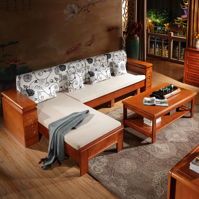 冬夏两用实木沙发组合 贵妃转角薄垫储物沙发 现代中式客厅家具