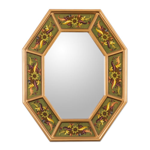 代购 复古镜子 玻璃壁镜漆成绿色手工八边形复古秘鲁金边装饰